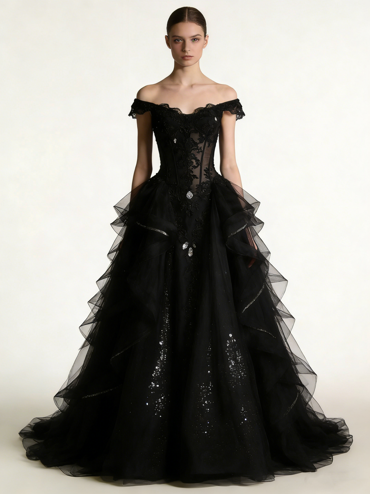 Beauty Prom Dress Black Off Shoulder Pleated Tulle Gala Gown Birthday Party Outfits Evening Dress HZ0319