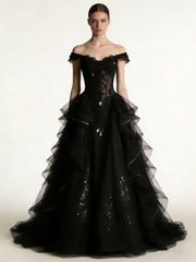 Beauty Prom Dress Black Off Shoulder Pleated Tulle Gala Gown Birthday Party Outfits Evening Dress HZ0319