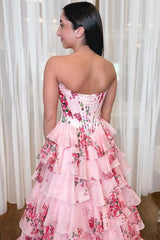 Sweetheart A-Line Chiffon Floral Print Ruffle Prom Dress with Slit