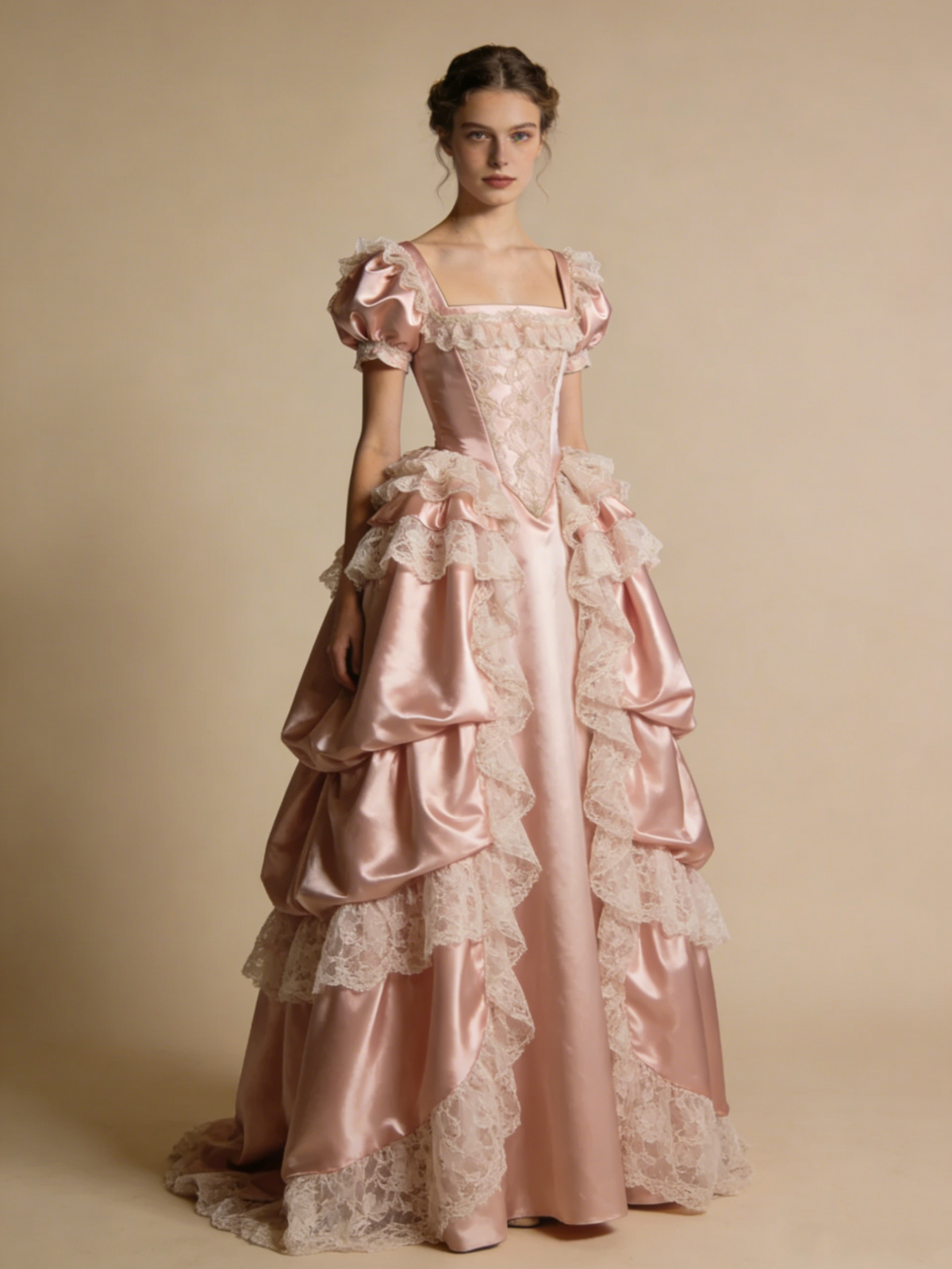 Light Pink Ball Gown Square Neck Lace Pleated Prom Dresses 17th Dress Evening Gala Gown HZ0319