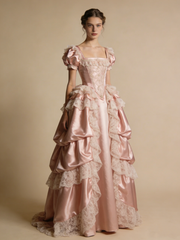 Light Pink Ball Gown Square Neck Lace Pleated Prom Dresses 17th Dress Evening Gala Gown HZ0319
