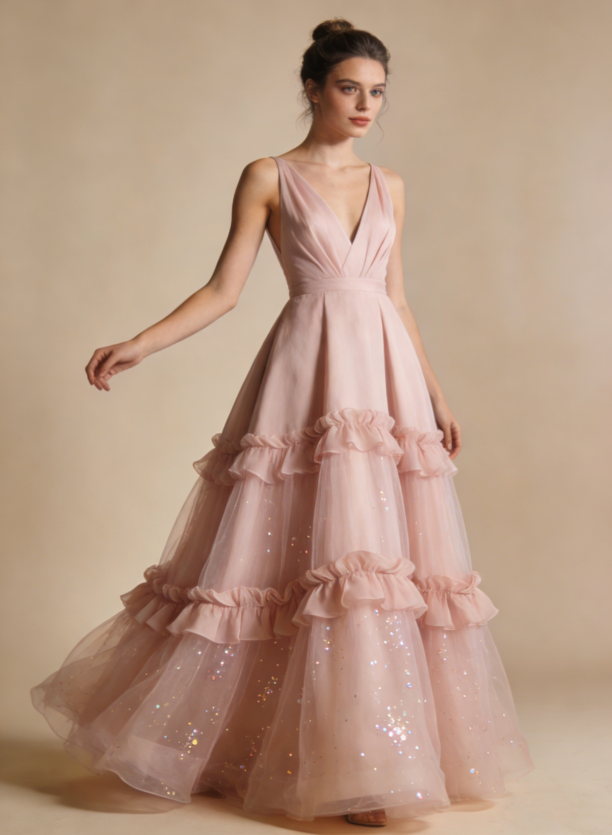A Line Prom Dress Light Pink V-neck Pleated Tulle Gala Dress Birthday Party Outfits Evening Gown HZ0319