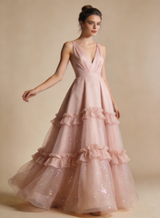 A Line Prom Dress Light Pink V-neck Pleated Tulle Gala Dress Birthday Party Outfits Evening Gown HZ0319