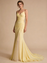 Light Yellow Prom Dress Spaghetti Straps Pleated Tulle Mermaid Gala Dress Birthday Party Outfits Evening Gown HZ0319