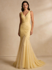 Light Yellow Prom Dress V-neck Pleated Tulle Mermaid Birthday Party Outfits Gala Dress Evening Gown HZ0319