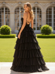 Pleated Sweetheart Corset Tiered Tulle Dress With Slit Black