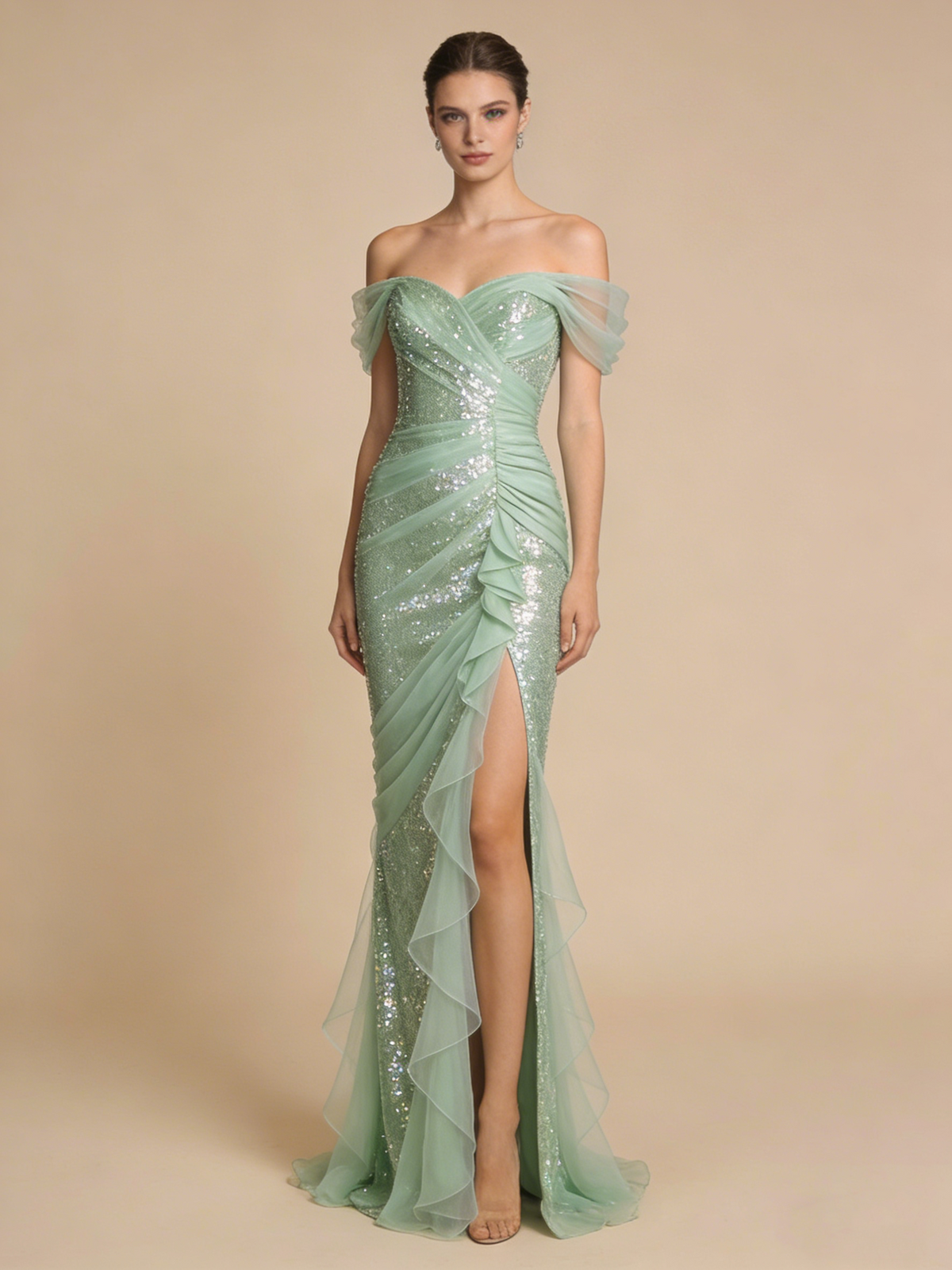 New Arrival Prom Dress Light Green Off Shoulder Pleated Tulle Birthday Party Outfits Gala Dress Evening Gown HZ0319