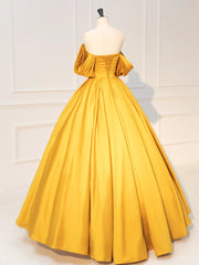 A-Line Off Shoulder Satin Yellow Long Prom Dress, Yellow Long Formal Dress