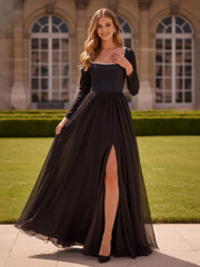 Pearl Square Neck Long Sleeve Dress With Slit Black