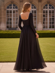 Pearl Square Neck Long Sleeve Dress With Slit Black