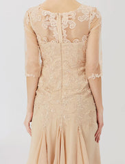 Sheath / Column Mother of the Bride Dress Classic & Timeless Elegant & Luxurious Beautiful Back Illusion Neck Knee Length Chiffon All Over Lace Half Sleeve with Appliques
