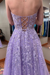 Lilac Sweetheart A-Line Long Corset Prom Dress with Lace Appliques