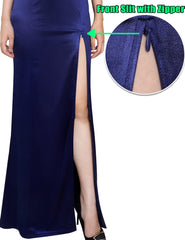 Dark Blue Womens V Halter Neck Zipper High Split Formal Prom Dress