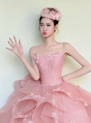 Fashion Ball Gown Light Pink Strapless Pleated Prom Dresses Sweet 16 Dress Evening Gala Gown HZ0319