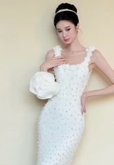Elegant Prom Dress White Square Neck Sheath Beading Gala Dress Evening Gown Birthday Party Outfits HZ0319