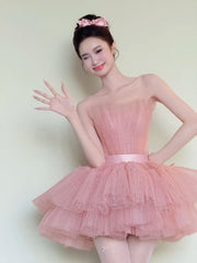 Cute Homecoming Dress Pink Strapless Tulle Pleated Short Back to School Prom Dress Birthday Outfits HZ0319