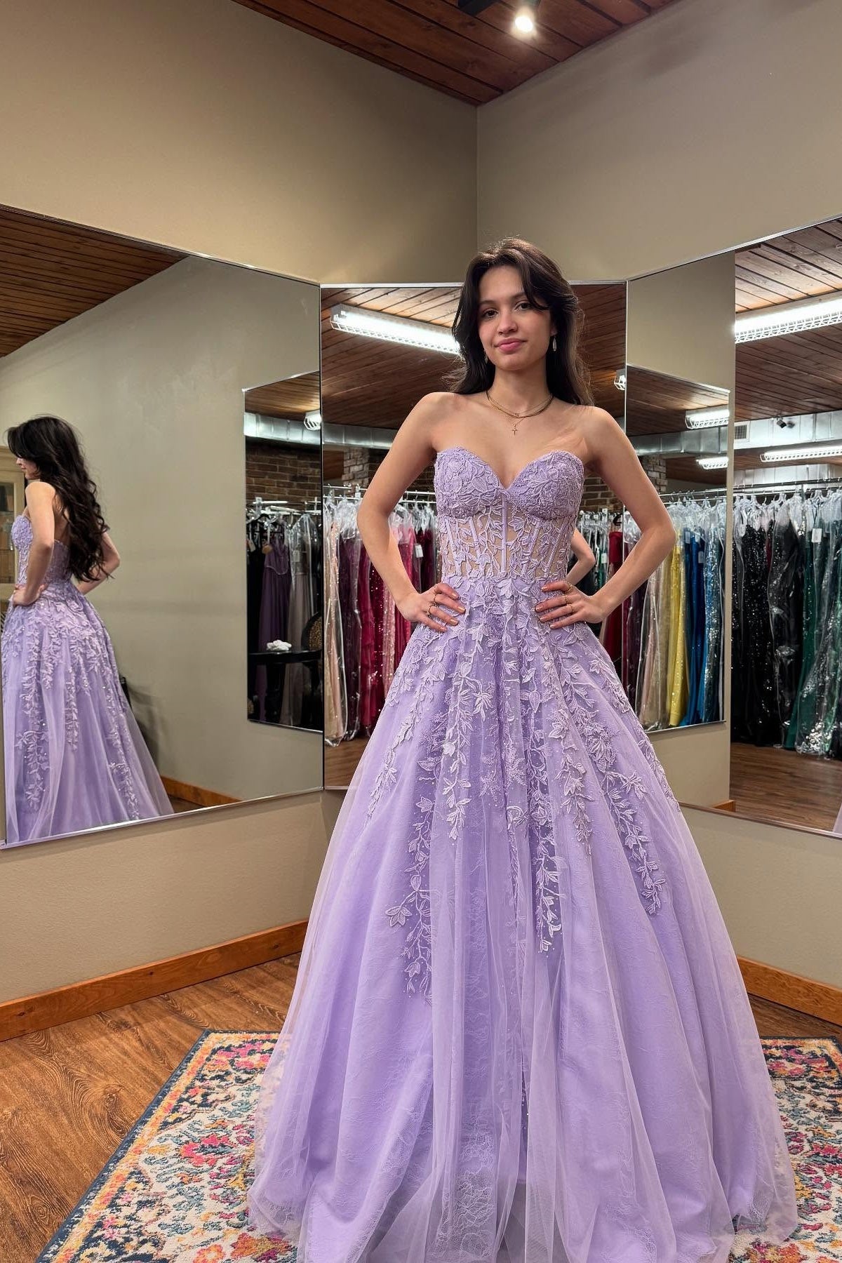 Lilac Sweetheart A-Line Long Corset Prom Dress with Lace Appliques