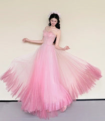 Stunning Prom Dress Pink Spaghetti Straps Pleated Tulle Gala Dress Evening Gown Birthday Party Outfits HZ0319