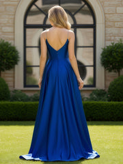 A-Line Spaghetti Straps V-neck Sweep Train Gown Royal Blue