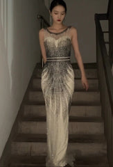 Sparkling Prom Dress Crew Neck Beading Gala Evening Gown Dress Cocktail Outfits HZ0319