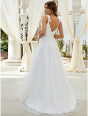 Reception Simple Wedding Dresses A-Line Sweetheart V Wire Regular Straps Sweep / Brush Train Tulle Bridal Gowns With Crystals