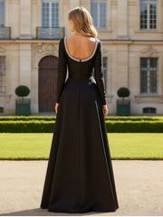 Rhinestone Neck Long Sleeve A-Line Dress With Slit Black