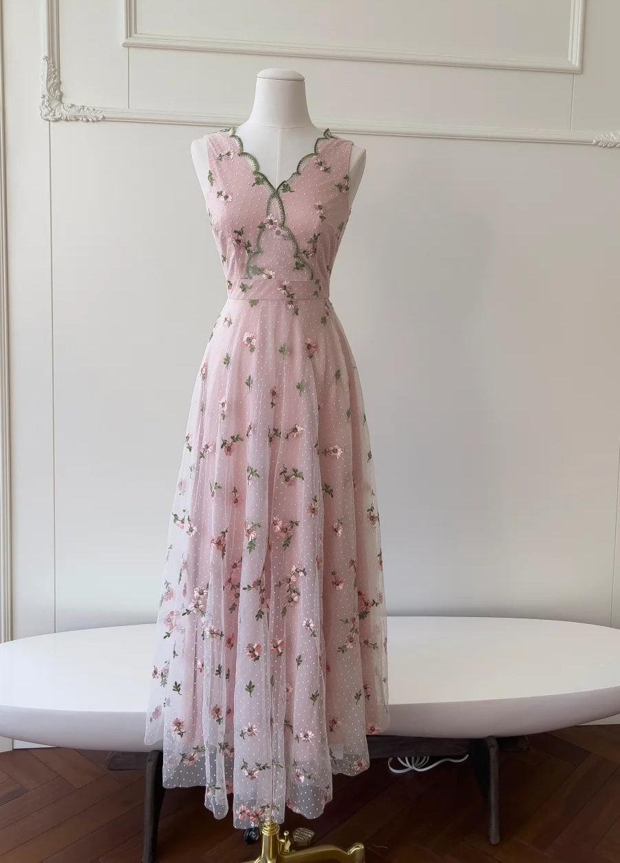 Fashion Prom Dress V-neck Pink Floral Gala Evening Gown Dress Birthday Party Outfits HZ0319