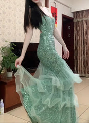 Sparking Prom Dress Spaghetti Straps Tulle Mermaid Birthday Party Outfits Backless Evening Gown Gala Dress HZ0319
