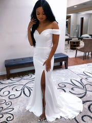 White off shoulder satin mermaid long prom dress white evening dress