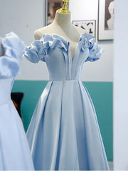 Simple blue off shoulder long prom dress, blue evening dress