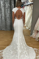 Ivory Cap Sleeve Cutout Mermaid Long Bridal Gown with Lace Train