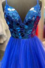Cut Glass Mirror V-Neck Layers A-Line Long Prom Dress