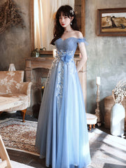 Blue tulle off shoulder long prom dress, blue tulle formal dress
