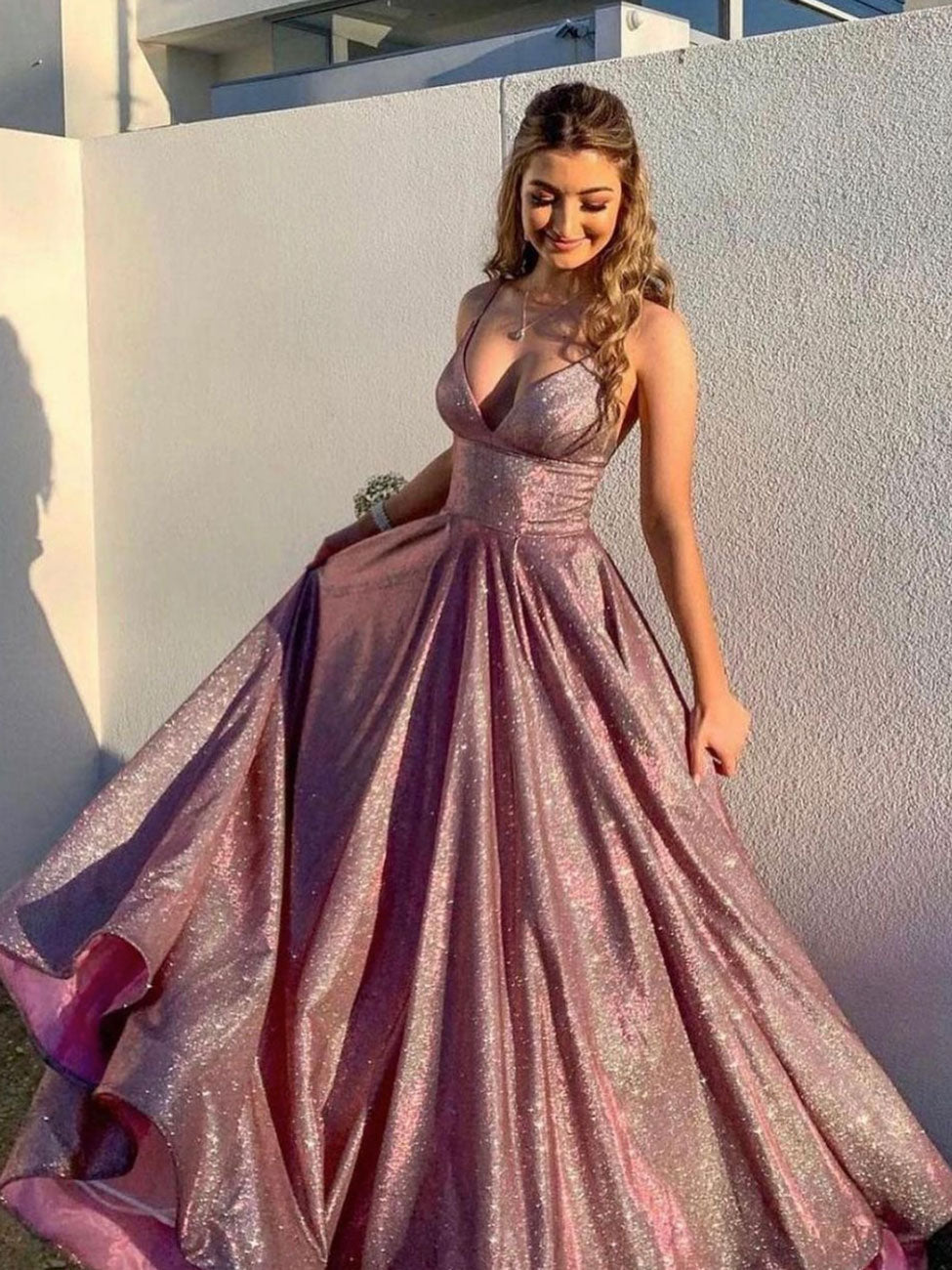 Shiny Satin V Neck Long Prom Dress, Pink Formal Evening Dress