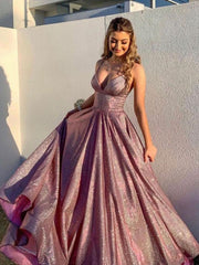 Shiny Satin V Neck Long Prom Dress, Pink Formal Evening Dress