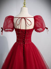 Burgundy A line tulle long prom dress, burgundy tulle formal dress