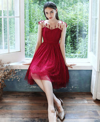 Burgundy round neck tulle lace short prom dress burgundy cocktail dress