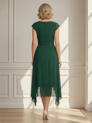 A-Line Pleated V-neck Chiffon Asymmetrical Dress Dark Green