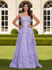 A-Line Square Neck Butterfly Applique Long Dress Lilac