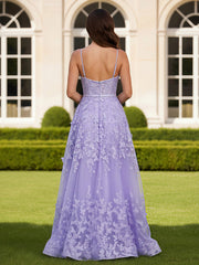 A-Line Square Neck Butterfly Applique Long Dress Lilac