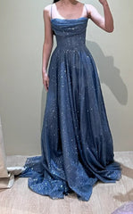 Fashion Prom Dress Navy Blue Spaghetti Straps Pleated Birthday Party Outfits Evening Gown Gala Dress HZ0319