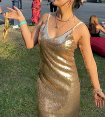 Shiny Prom Dress Gold Sequins V-neck Gala Gown Birthday Party Outfits Evening Dress HZ0319