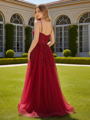 A-Line Sweetheart Neck Applique Tulle Dress With Slit Burgundy