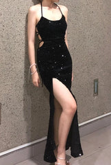Sexy Prom Dress Black Spaghetti Straps Sequins Backless Gala Gown Evening Dress Birthday Party Outfits HZ0319