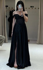Sparkling Prom Dress Black Off Shoulder Slit Gala Gown Party Outfits Evening Dress HZ0319