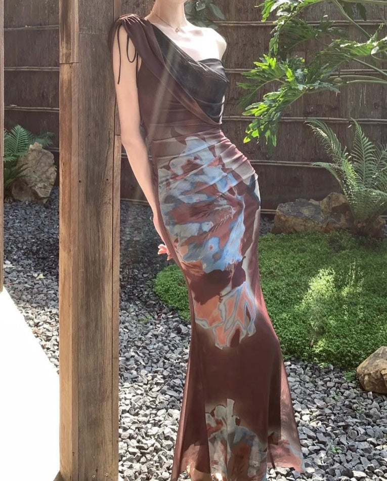 New Arrival Prom Dress One Shoulder Print Mermaid Gala Gown Party Outfits Evening Dress HZ0319