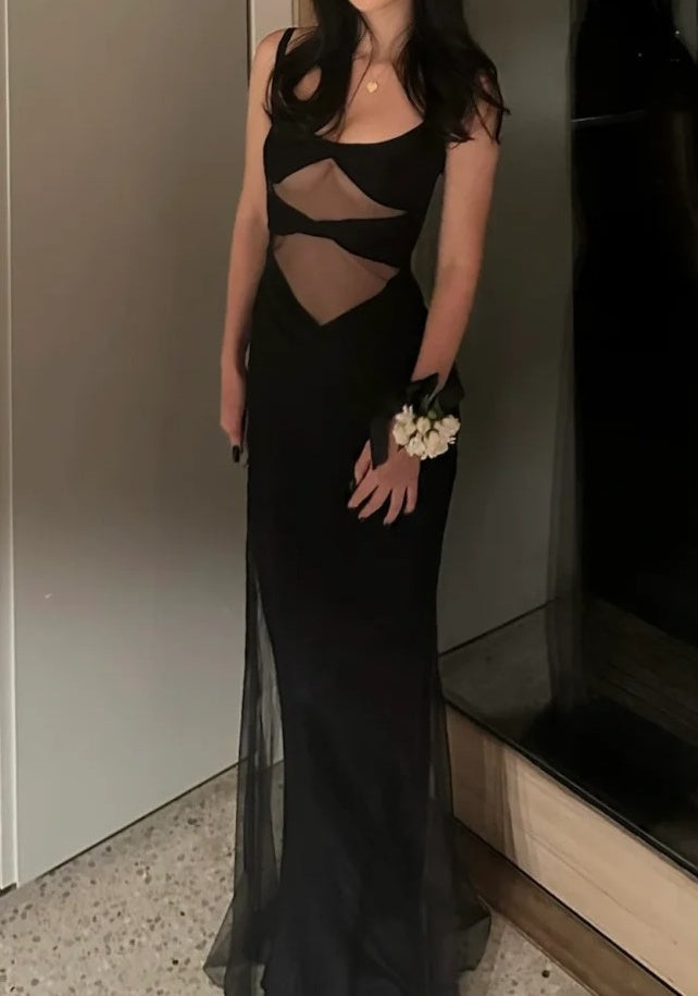Sexy Prom Dress Black Spaghetti Straps Sheath Tulle Gala Gown Birthday Party Outfits Evening Dresses HZ0319