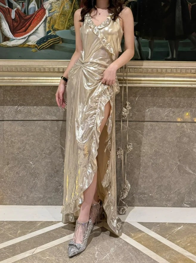 Beauty Prom Dress V-neck Pleated Slit Gala Gown Birthday Party Outfits Evening Dresses HZ0319