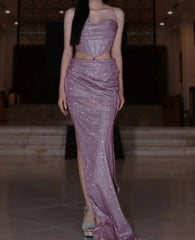 Shiny Prom Dress Light Purple Spaghetti Straps Pleated Slit Gala Gown Shcool Cocktail Outfits Evening Dresses HZ0319