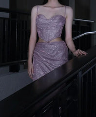 Shiny Prom Dress Light Purple Spaghetti Straps Pleated Slit Gala Gown Shcool Cocktail Outfits Evening Dresses HZ0319
